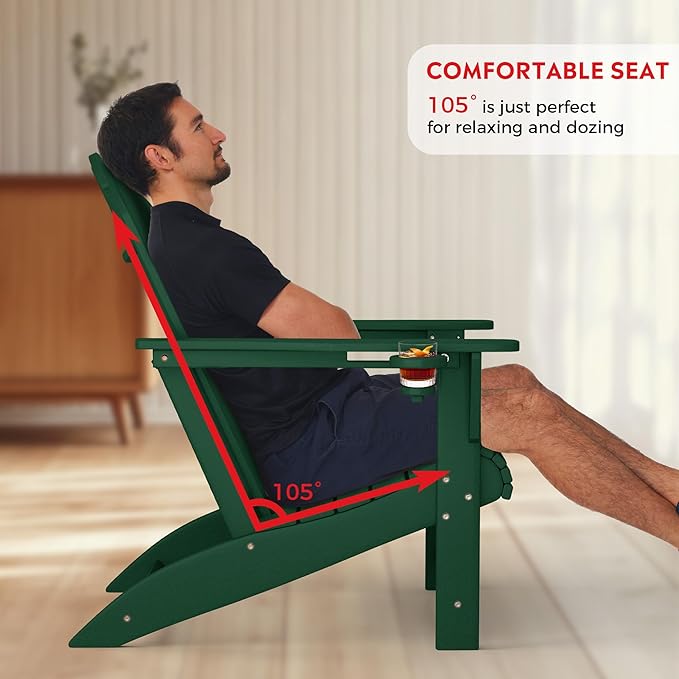 Costaelm Lakeview Outdoor Patio HDPE Adirondack Chair with Cup Holder, Dark Green