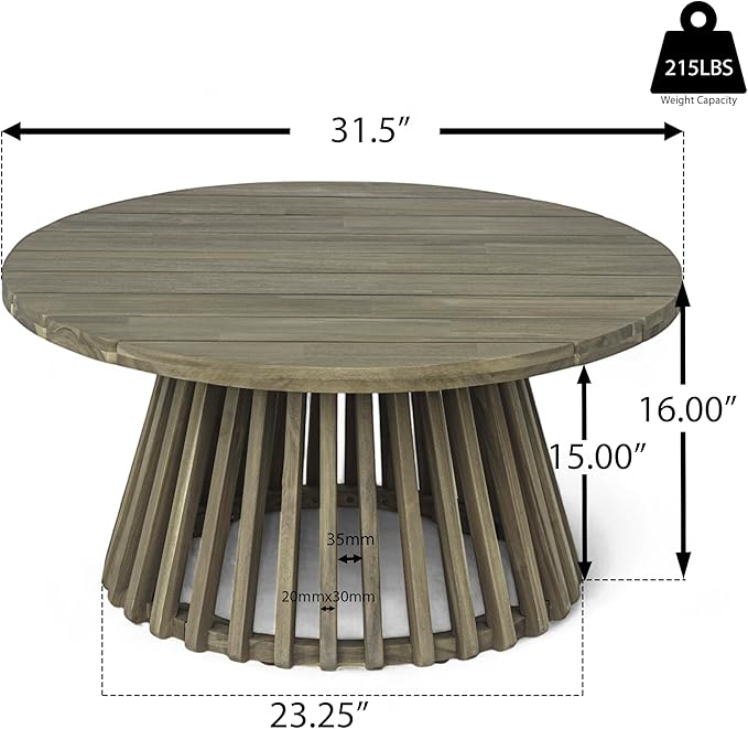 Merax Patio Outdoor Acacia Wood Round Coffee Table for Backyard, Lawn, Balcony, Grey Finish - Photo 7