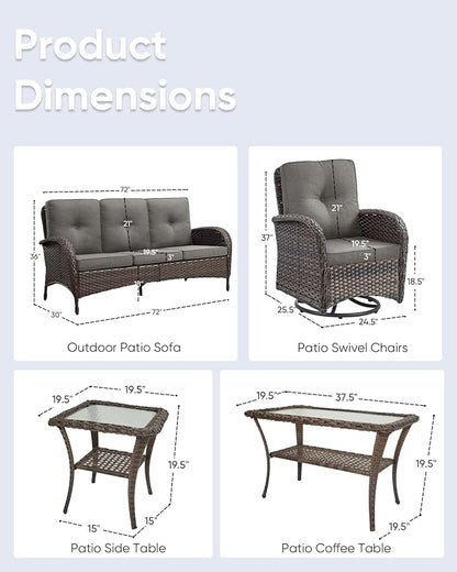 5 Pieces Wicker Patio Furniture Set-Outdoor Swivel Rocker Patio Chairs Patio Sofa Set with Tempered Glass Top Outdoor Coffee Table for Deck Lawn Porch Balcony Poolside-Brown/Grey