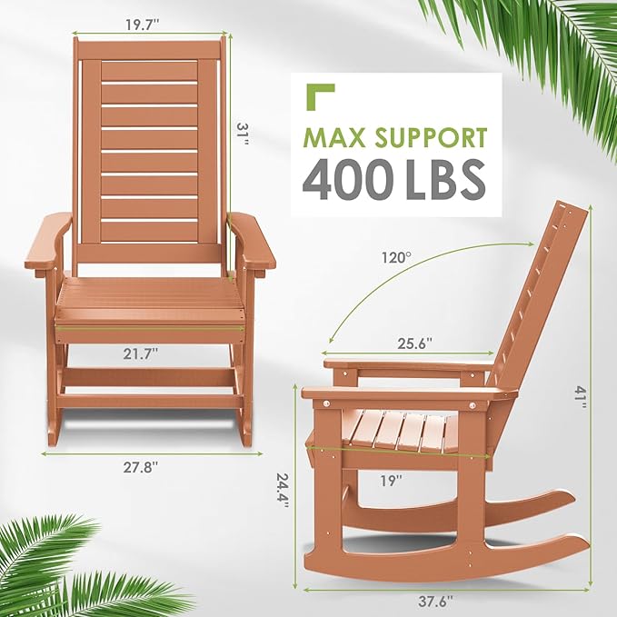 GREENVINES Outdoor Rocking Chairs | Set of 4 | Porch Rocker | HDPE Plastic | Teak | Oversized Rockers | High Back | Big & Tall | Ladder Back | for Patio Outside Backyard Balcony Garden