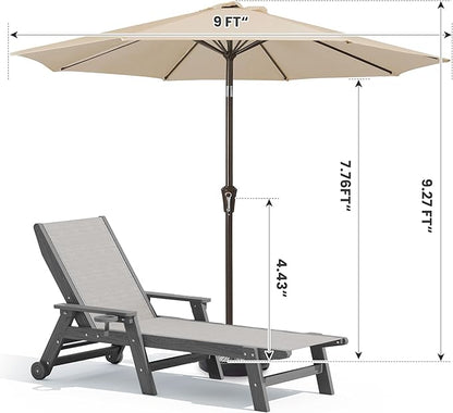 SERWALL Textilene Patio Chaise Lounge Chair Set of 2 with 9FT Patio Umbrella, 5 Positions Outdoor Lounger with Rolling Wheels for Pool, Deck, Grey (Umbreall Base not Included)