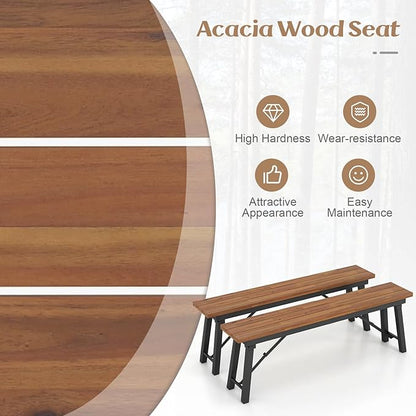 Tangkula Outdoor Folding Bench Set of 2, 55” 2-3 Person Acacia Wood Backless Patio Dining Bench, No Assembly Weatherproof Picnic Bench, Collapsible Benches for Porch, Yard, Poolside, Balcony
