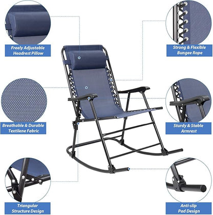 Devoko Patio Rocking Zero Gravity Chair Outdoor Wide Recliner Chair for Lawn Beach Camping Poolside with Headrest Pillow (Light Blue)