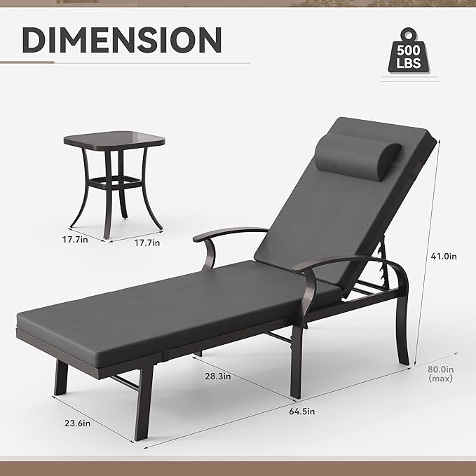 3 Pieces Patio Chaise Lounge Set Aluminum Outdoor Lounge Chair Adjustable Backrest Patio Chaise Lounge Chair Armrest Lounge Chair Set with Side Table for Backyard Porch Beach Lawn Black