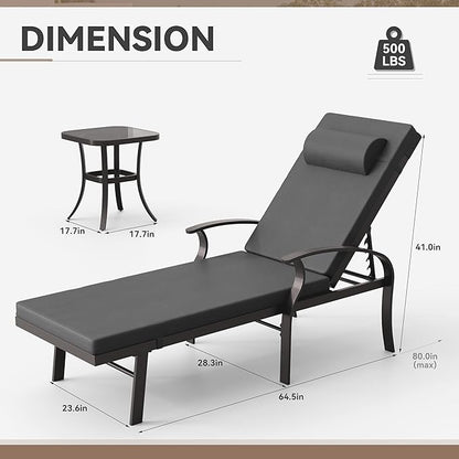 3 Pieces Patio Chaise Lounge Set Aluminum Outdoor Lounge Chair Adjustable Backrest Patio Chaise Lounge Chair Armrest Lounge Chair Set with Side Table for Backyard Porch Beach Lawn Black