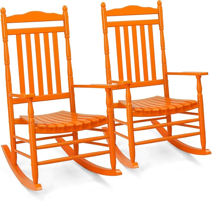 VINGLI Wooden Rocking Chair Outdoor, Patio Rockers with High Back, Support 450 LBS Rocking Chairs, for Porch, Patio, Balcony, Garden, Yard (Orange, 2 PCS)