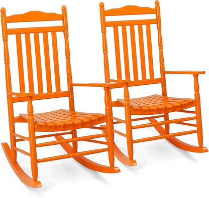 VINGLI Wooden Rocking Chair Outdoor, Patio Rockers with High Back, Support 450 LBS Rocking Chairs, for Porch, Patio, Balcony, Garden, Yard (Orange, 2 PCS)