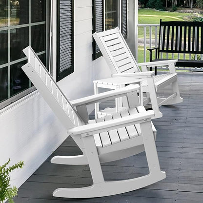 GREENVINES Outdoor Rocking Chair Set | 3-Piece | 2 Rocking Chairs with 1 Side Table | Porch Rocker | HDPE Plastic | White | Patio Furniture Sets | High Back | Big & Tall | Ladder Back