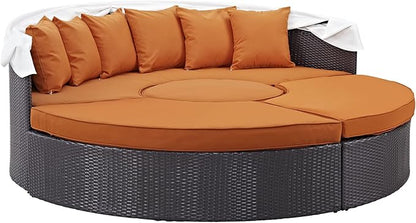 Modway Convene Wicker Rattan Outdoor Patio Retractable Canopy Round Poolside Sectional Sofa Daybed with Cushions in Espresso Orange