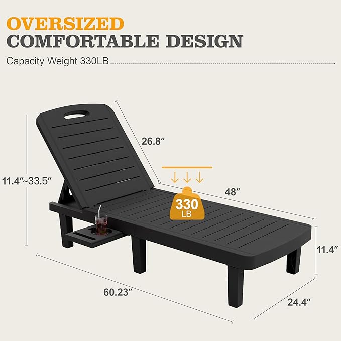 UPDATIO Outdoor Lounge Chair, Resin 5-Position Adjustable Reclining Chaise Lounge, Waterproof Patio Chairs for Pool, Beach, Lawn, and Garden