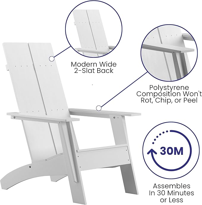 Merrick Lane Piedmont 2 Slat Poly Resin Adirondack Chair - White - Modern Design - Indoor/Outdoor