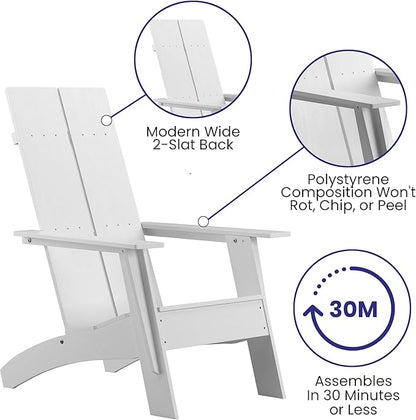 EMMA + OLIVER White Modern Dual Slat Back Indoor/Outdoor Adirondack Style Patio Chair