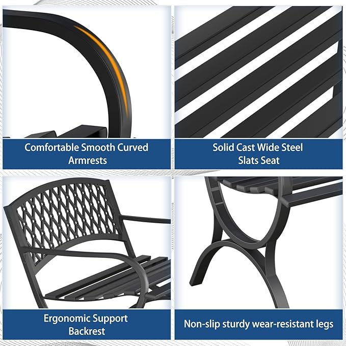 Outdoor Bench Garden Benchs, Weatherproof Anti-Rust Heavy-Duty Outside Bench Clearance, Wrought Iron Metal Bench for Front Porch, Patio, Park, Ergonomic Backrest, Slatted Seat