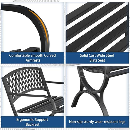 Outdoor Bench Garden Benchs, Weatherproof Anti-Rust Heavy-Duty Outside Bench Clearance, Wrought Iron Metal Bench for Front Porch, Patio, Park, Ergonomic Backrest, Slatted Seat