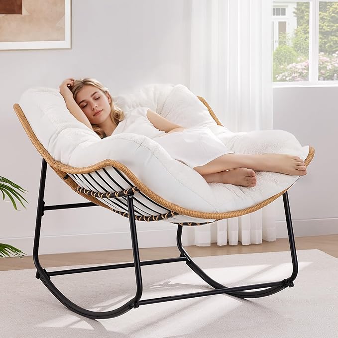 ONBRILL Outdoor Rocking Chairs, Oversized Papasan Rocking Chair Indoors with Padded Cushions, Rattan Wicker Lounge Chair for Living Room, Porch, Patio, Garden, White