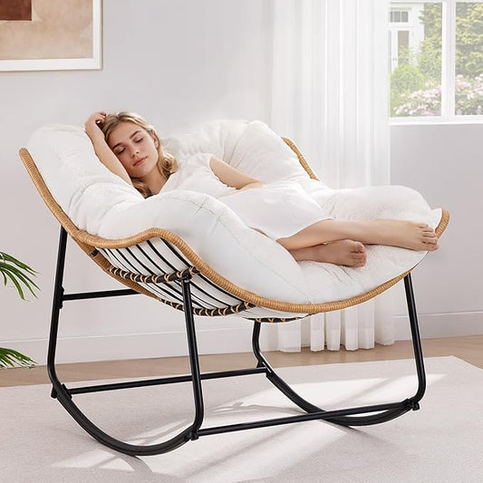 ONBRILL Outdoor Rocking Chairs, Oversized Papasan Rocking Chair Indoors with Padded Cushions, Rattan Wicker Lounge Chair for Living Room, Porch, Patio, Garden, White