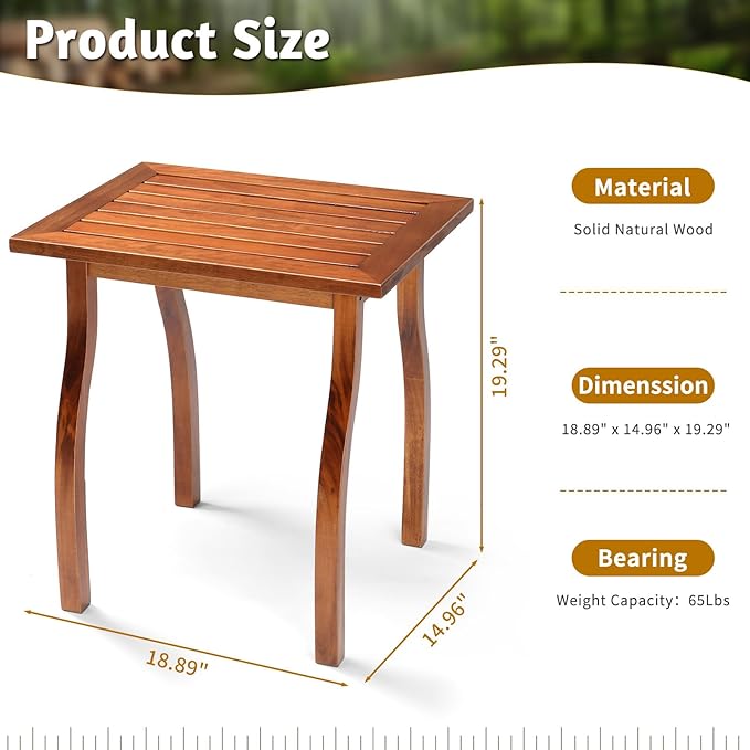 Outvita Outdoor Side Table, Acacia Wooden End Table Small Coffee Table for Patio Balcony Garden Living Room Bedroom Sturdy (Striped Tabletop- Curved Legs)