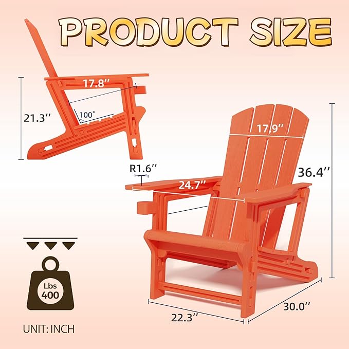 Adirondack Chair, Plastic Patio Chair Cup Holder Without Screws Install, Outdoor Chair 400 LBS Capacity, Weather Resistant for Garden Backyard Lawn Beach (Orange)