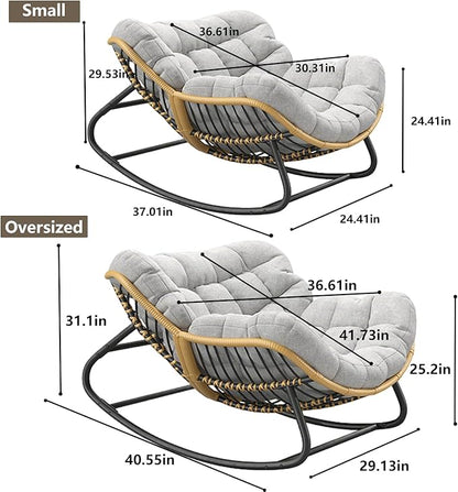 Oversized Rocking Chair,Outdoor/Indoor Patio Papasan Rocker with Thick Cushion, Rattan Wicker Lounge Egg Chair for Bedroom, Living Room, Porch, Garden Backyard-Grey