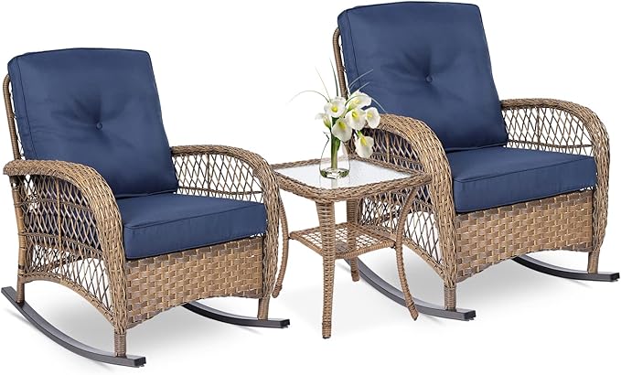 VIVIJASON 3-Piece Outdoor Conversation Bistro Set, Patio Wicker Rocking Chairs Rattan Furniture Sets w/ 2 Rattan Chairs - Photo 1
