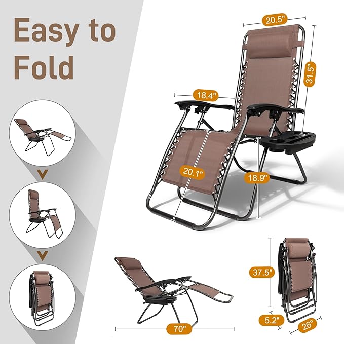 Bonnlo Zero Gravity Chairs Set of 2 Patio Folding Lounge Chairs Outdoor Recliners with Pillow and Cup Holder Adjustable - Photo 3