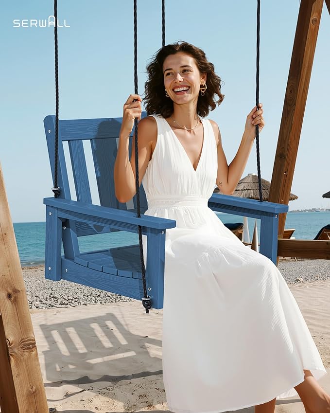 SERWALL HDPE Single Porch Swing Set of 2, Heavy Duty Single Person Swing Chair with 2 Polypropylene Hanging Ropes - Photo 2