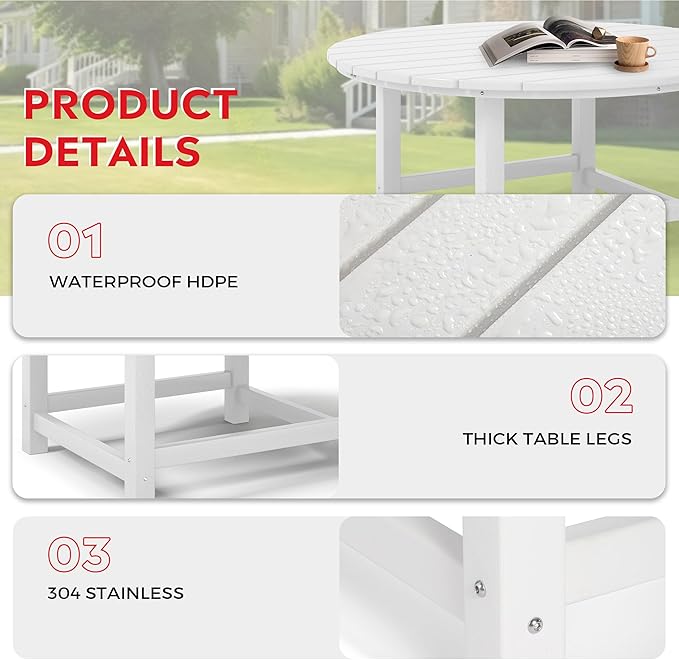 Costaelm Patio Conversation Table, Tatio Accent Tables, HDPE Outdoor Weather Resistant, Round Outdoor Porch Balcony Patio Drink Table for Outside, Pool, Backyard, White