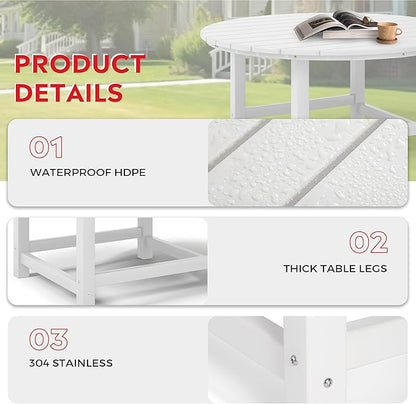 Costaelm Patio Conversation Table, Tatio Accent Tables, HDPE Outdoor Weather Resistant, Round Outdoor Porch Balcony Patio Drink Table for Outside, Pool, Backyard, White