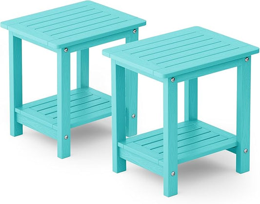 YEFU Outdoor Side Table for Patio: 16" HIPS Weather - Resistant Adirondack Tables Set of 2 - Small Square End Table for Backyard Living Room Bedroom - Indoor Outdoor Double Layer Table Aruba