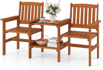 Tangkual Outdoor Wood Bench Loveseat with Built-in Table with1.57 Umbrella Hole, 2-Seater Outdoor Patio Furniture Set for Porch, Deck, Garden and Backyard