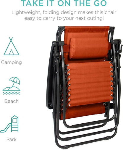 Best Choice Products Folding Zero Gravity Outdoor Recliner Patio Lounge Chair w/Adjustable Canopy Shade, Headrest, Side Accessory Tray, Textilene Mesh - Burnt Orange
