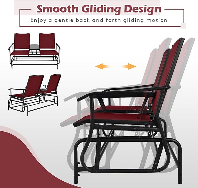 Tangkula 2 Person Swing Glider Chair, Patio Rocking Loveseat w/Center Tempered Glass Table - Photo 6