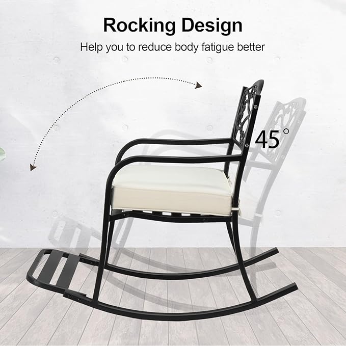 Metal Rocking Chair with Cushion, Outdoor Rocking Bench Wrought Iron Patio Rocking Chair with Footrest for Outside - Photo 6