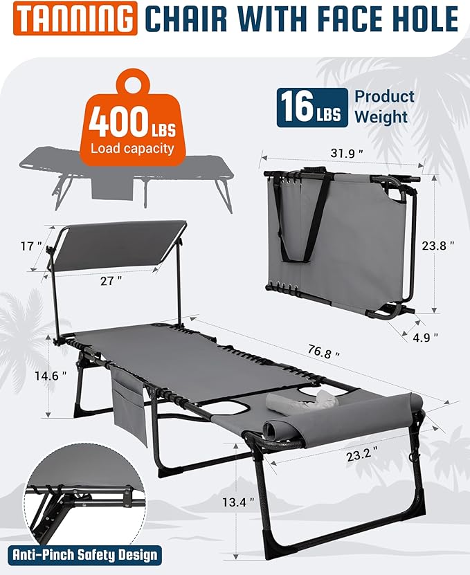 KingCamp Lounge Chair with face Hole & Canopy Shade, 400LBS Folding Portable Tanning Chair with face Hole, Adjustable 5-Position Foldable Beach Sun Tanning Chair for Outside Beach Patio Outdoor Pool