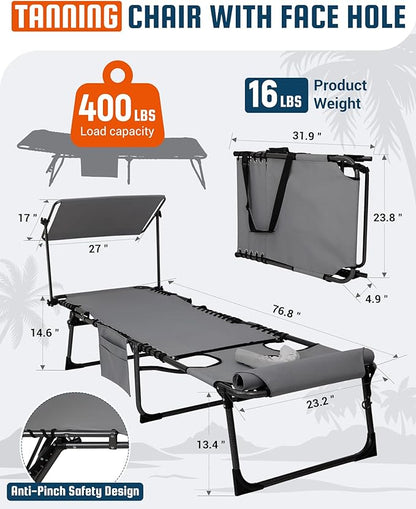 KingCamp Lounge Chair with face Hole & Canopy Shade, 400LBS Folding Portable Tanning Chair with face Hole, Adjustable 5-Position Foldable Beach Sun Tanning Chair for Outside Beach Patio Outdoor Pool