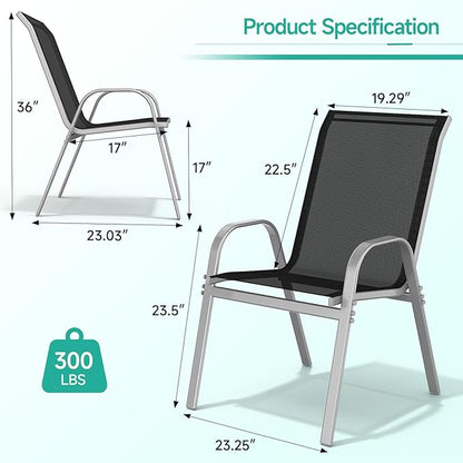 Patio Chairs Set of 6, Easily Set Up Stackable Outdoor Dining Chairs with High Back and Wide Seat, All Weather Breathable Outdoor Chairs Set of 6 with Metal Frame for Backyard Deck Pool, Black