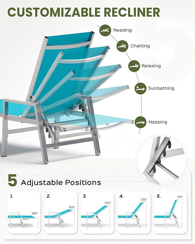 Patio Chaise Lounge Chair Outdoor Set of 2 with Wheels&Armrests, Aluminum Pool Lounge Chairs Five-Position Adjustable Recliner, Outdoor Beach Lounge Chairs for Poolside, Patio, Deck, Yard, Lake Blue