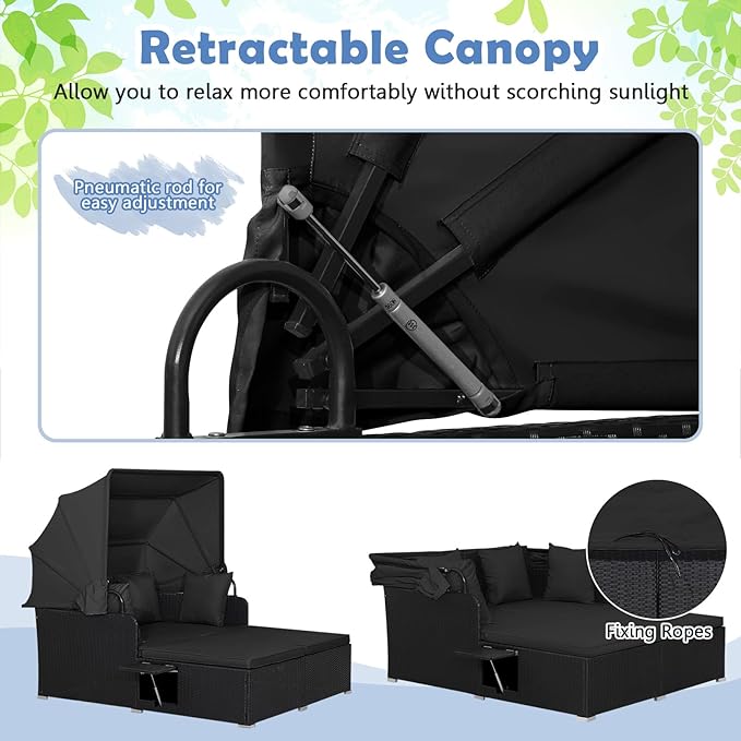 Tangkula Patio Rattan Daybed with Retractable Canopy, Outdoor Wicker Sunbed Lounger with 2 Foldable Side Tables - Photo 5