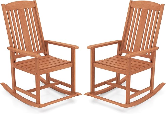 Giantex Set of 2 Outdoor Rocking Chairs, Solid Wood High Back Rocker with Slatted Seat, Wide Armrests, Oversized Porch Rocker for Patio, Backyard, Garden and Lawn, 400 LBS Weight Capacity