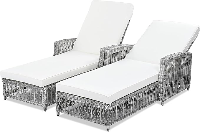 2 Pieces Outdoor Long Reclining Chaise, All Weather Wicker Lounge with Armrests - Photo 5