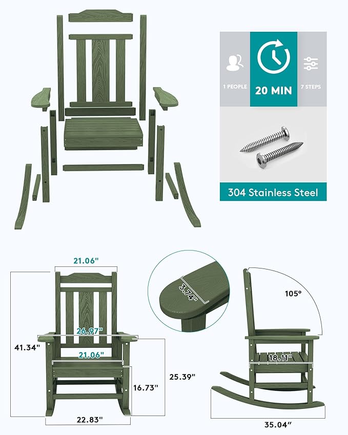 SERWALL Oversized Rocking Chair Set of 4 Outdoor, HDPE Outdoor Rocking Chair Set of 4, Avocado