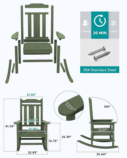 SERWALL Oversized Rocking Chair Outdoor, HDPE Outdoor Rocking Chair, Avocado