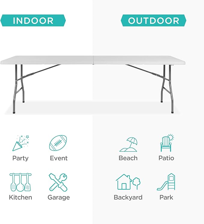 Best Choice Products 8ft Plastic Folding Table, Indoor Outdoor Heavy Duty Portable w/Handle, Lock for Picnic, Party - Photo 4