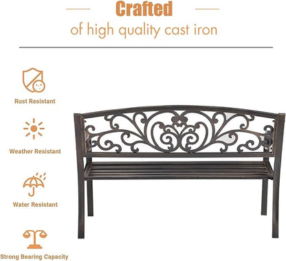 Patio Garden Bench Outdoor Metal Bench Park Yard Furniture Cast Iron Loveseats with Armrests for Porch Backyard Lawn Deck