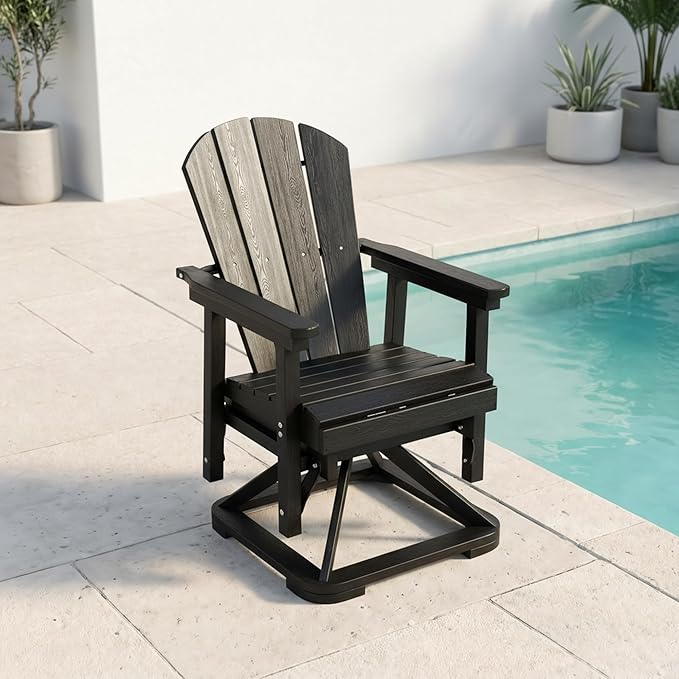 HDPE Swivel Glider Chair Outdoor, Weather Resistant Adirondack Outside Rocking Chair, Wooden Textured Outdoor Swivel Chair for Porch, Balcony, Poolside, Backyard (Black)