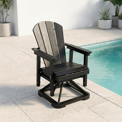 HDPE Swivel Glider Chair Outdoor, Weather Resistant Adirondack Outside Rocking Chair, Wooden Textured Outdoor Swivel Chair for Porch, Balcony, Poolside, Backyard (Black)