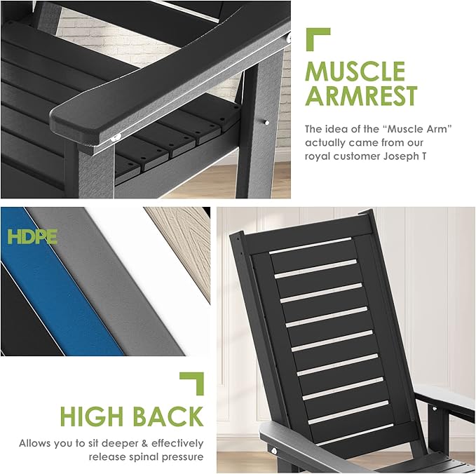 GREENVINES Outdoor Rocking Chairs | Set of 4 | Porch Rocker | HDPE Plastic | Black | Oversized Rockers | High Back - Photo 7