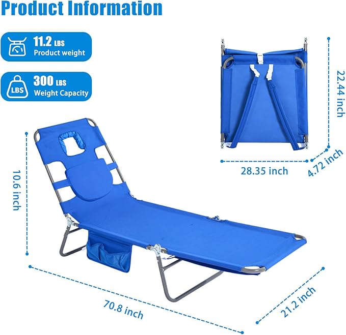SUNNYFEEL Beach Lounge Chair, Backpack Reclining Beach Chairs Lay Flat, Sun Face Down Tanning Chair, Folding Camping Chairs Portable Camp Cot with Backpack Straps for Outdoor/Picnic/Lawn
