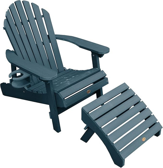 Highwood AD-KITCHL5-NBE Hamilton Folding & Reclining Adirondack Chair with Ottoman and Cup Holder, Nantucket Blue