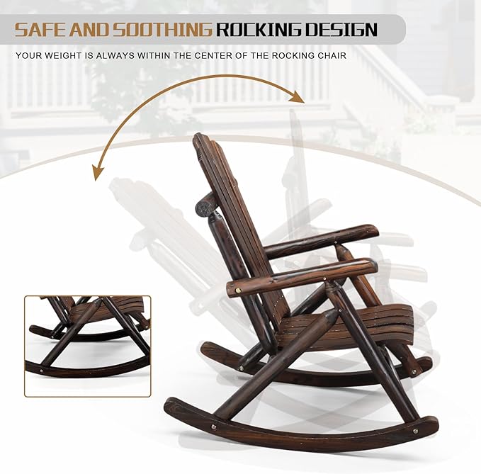 Outvita Wooden Rocking Chair, Fir Log Adirondack Rocker, Outdoor Wood Accent Furniture Lounge Chairs for Garden Patio Backyard Porch (Dark Brown)